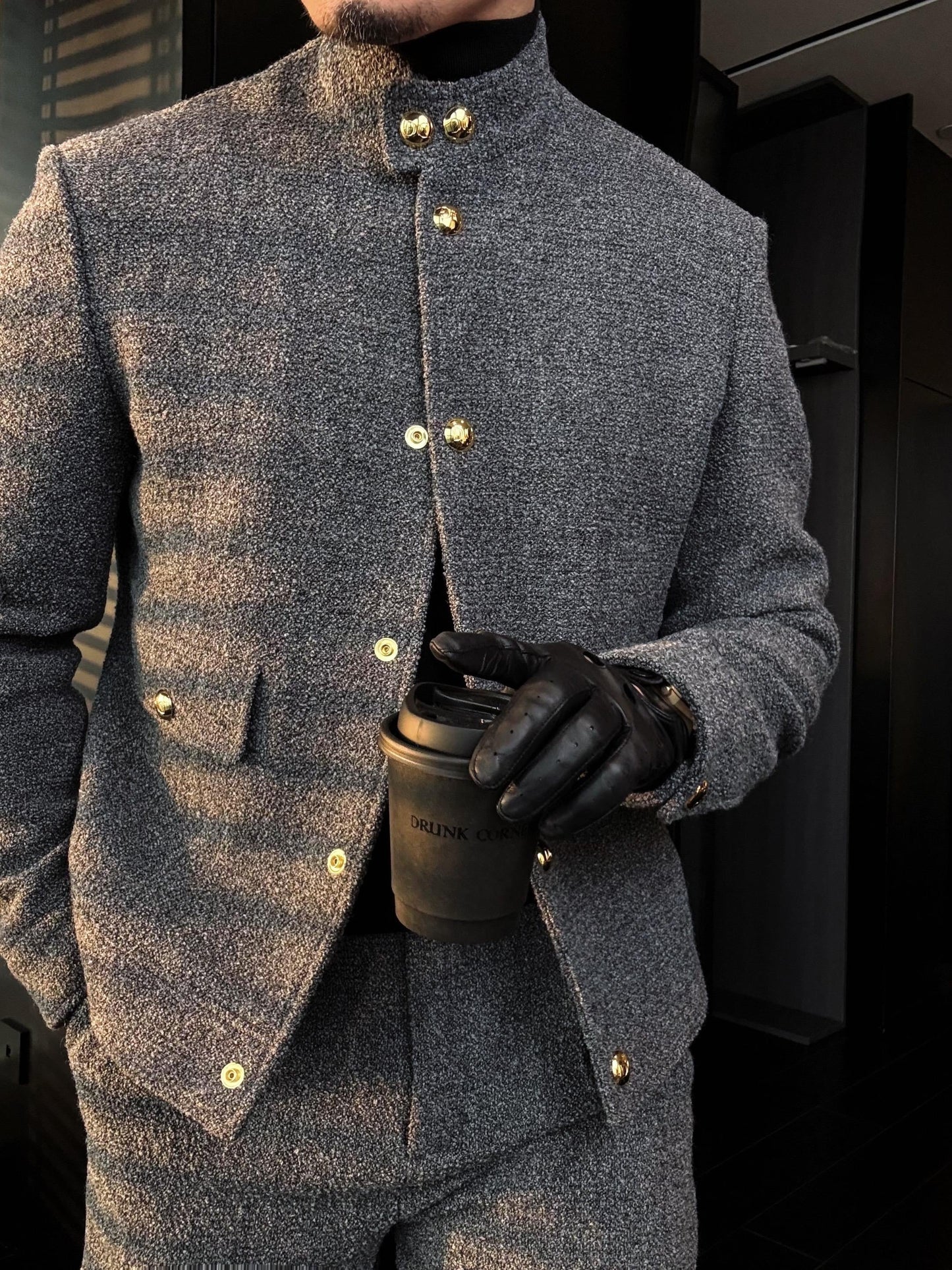 Men's Stand Collar Gold Button Jacket