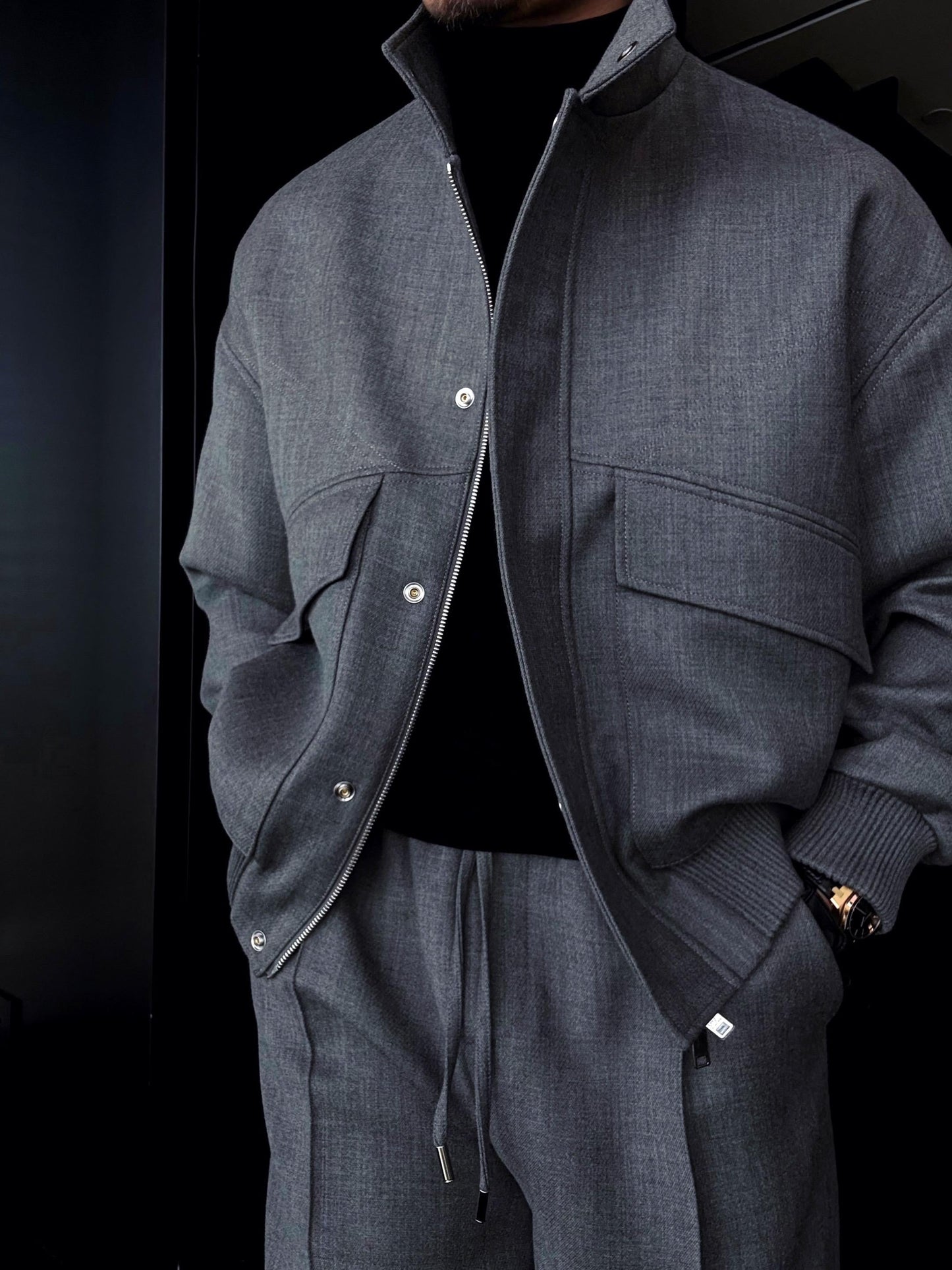 Slightly Wide Stand Collar Zipper Jacket With Silver Buttons