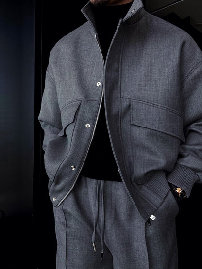 Slightly Wide Stand Collar Zipper Jacket With Silver Buttons
