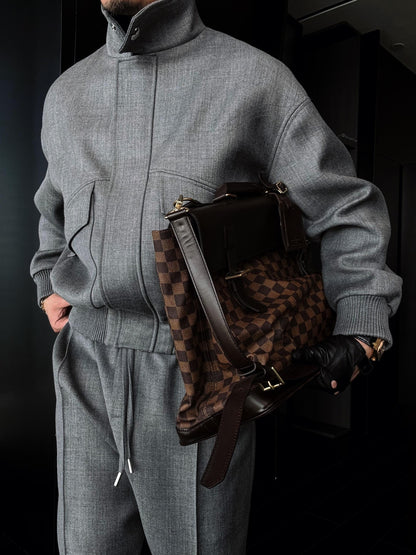 Slightly Wide Stand Collar Zipper Jacket With Silver Buttons