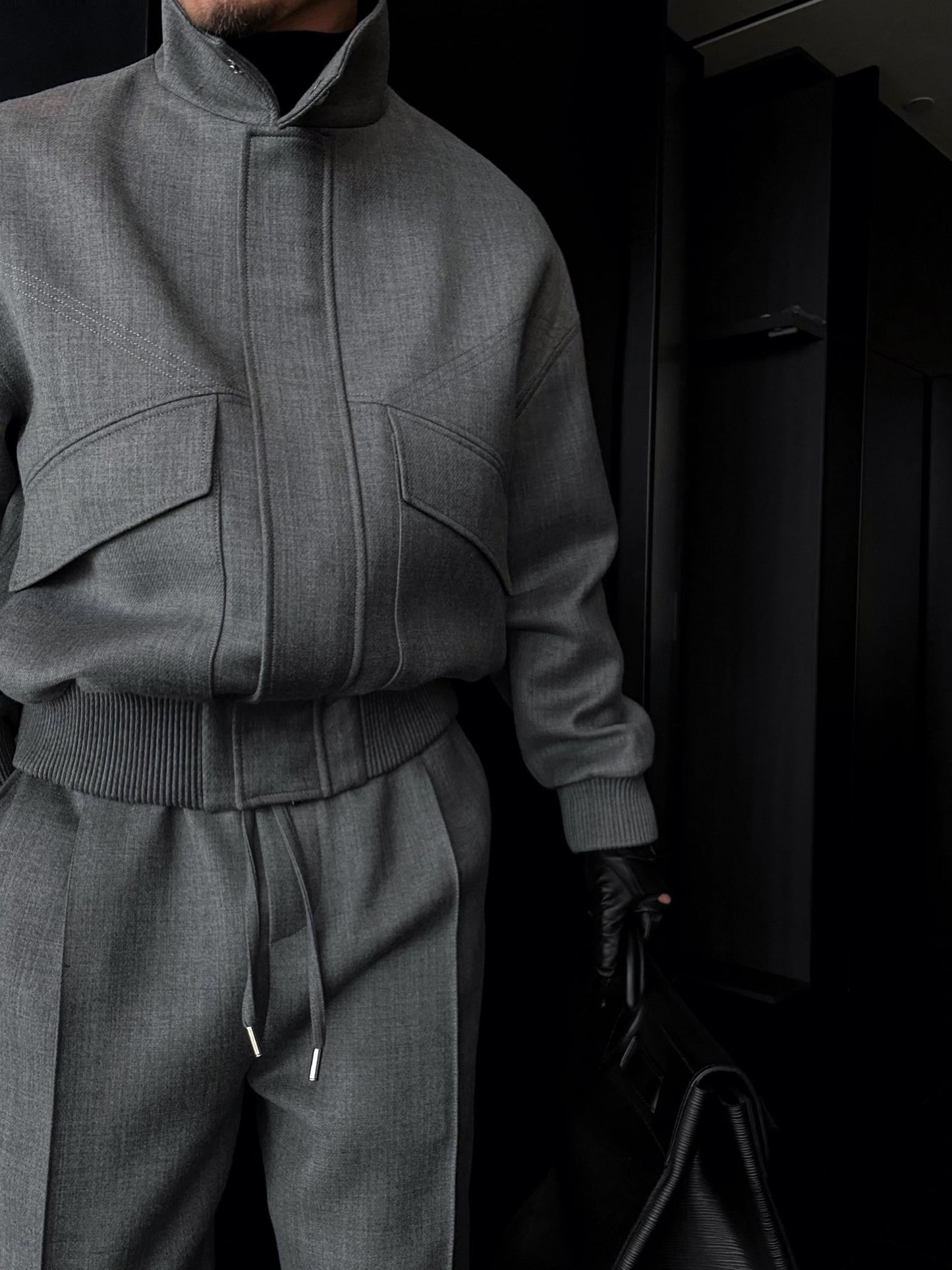 Slightly Wide Stand Collar Zipper Jacket With Silver Buttons