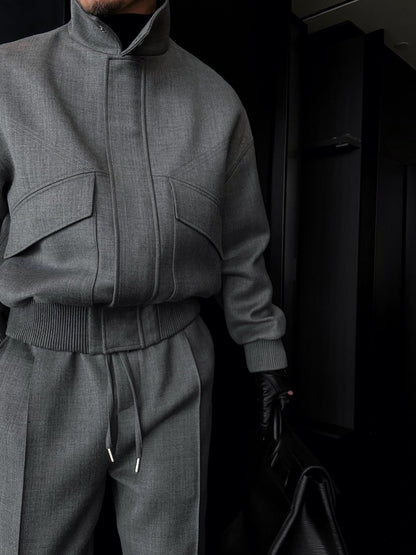 Slightly Wide Stand Collar Zipper Jacket With Silver Buttons