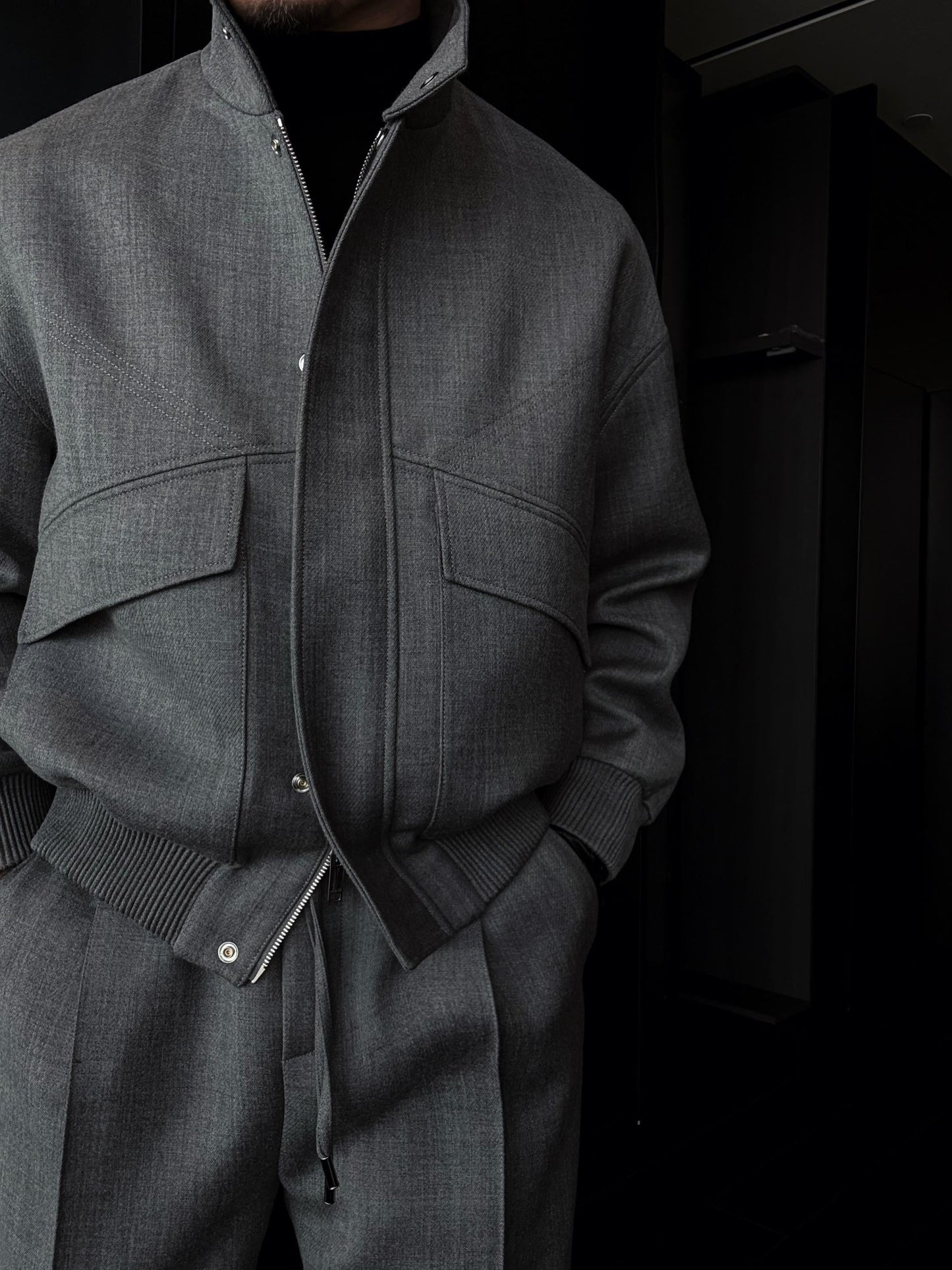 Slightly Wide Stand Collar Zipper Jacket With Silver Buttons