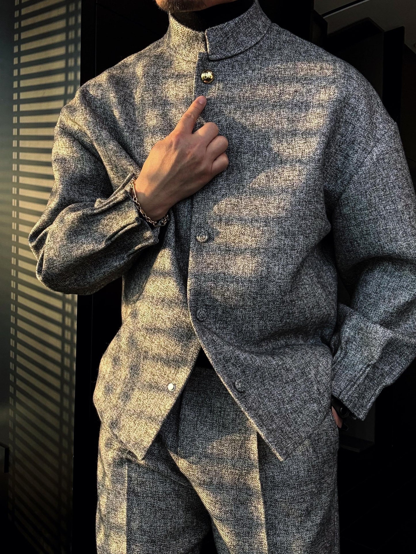 Men's Short Grey Grainy Jacket With Gold Buttons