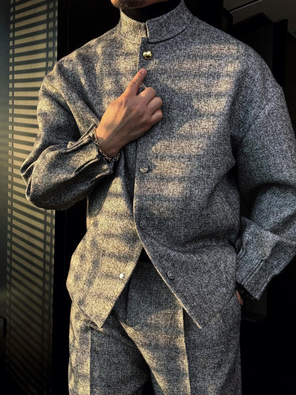 Men's Short Grey Grainy Jacket With Gold Buttons