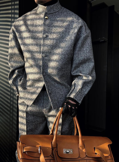 Men's Short Grey Grainy Jacket With Gold Buttons