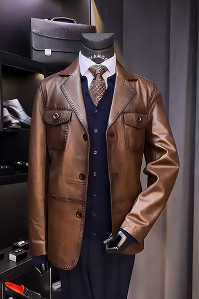 Classic Brown Leather Blazer with Stylish Detailing