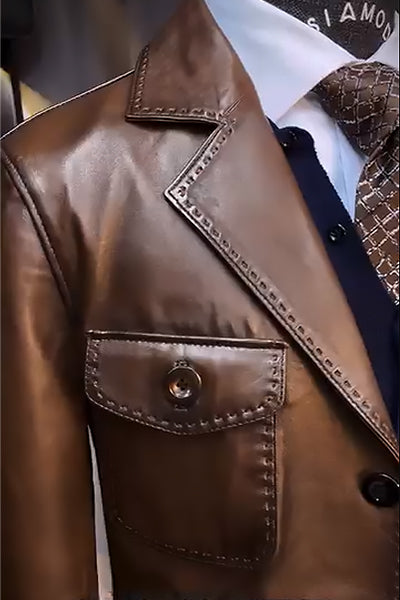Classic Brown Leather Blazer with Stylish Detailing
