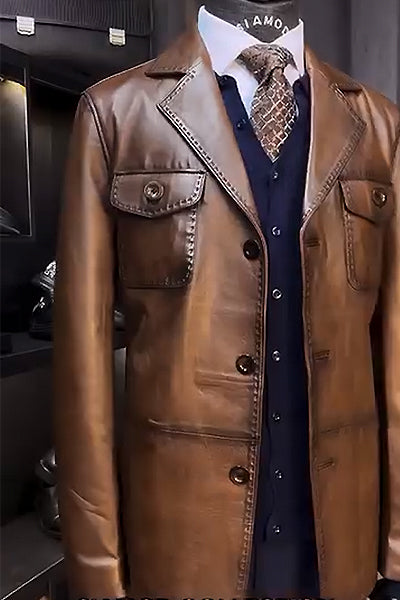 Classic Brown Leather Blazer with Stylish Detailing
