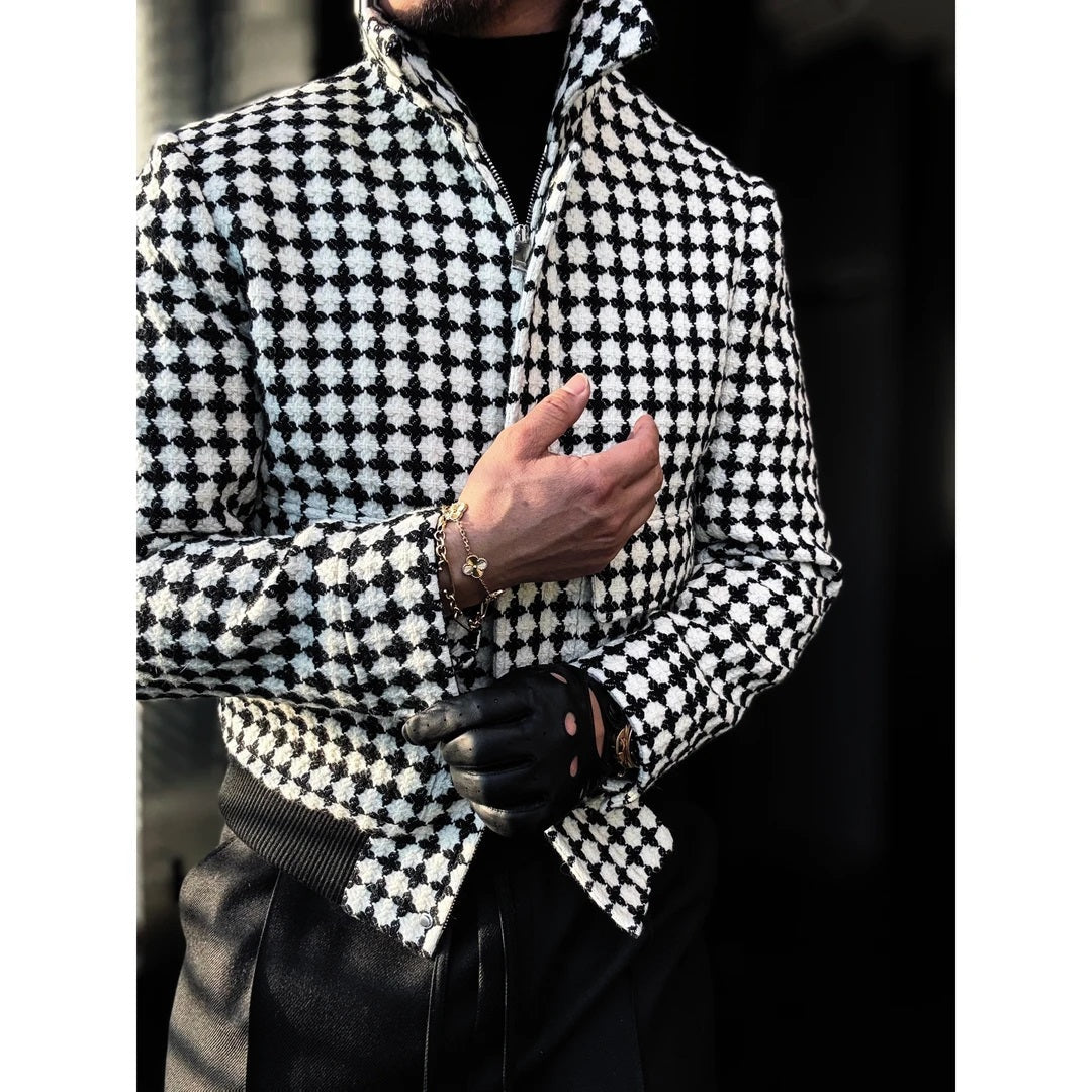 Houndstooth Cinched Hem Stand-up Collar Coat