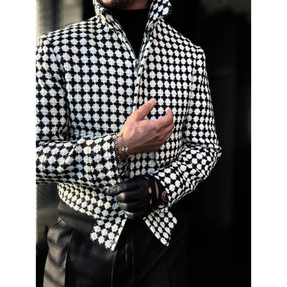 Houndstooth Cinched Hem Stand-up Collar Coat