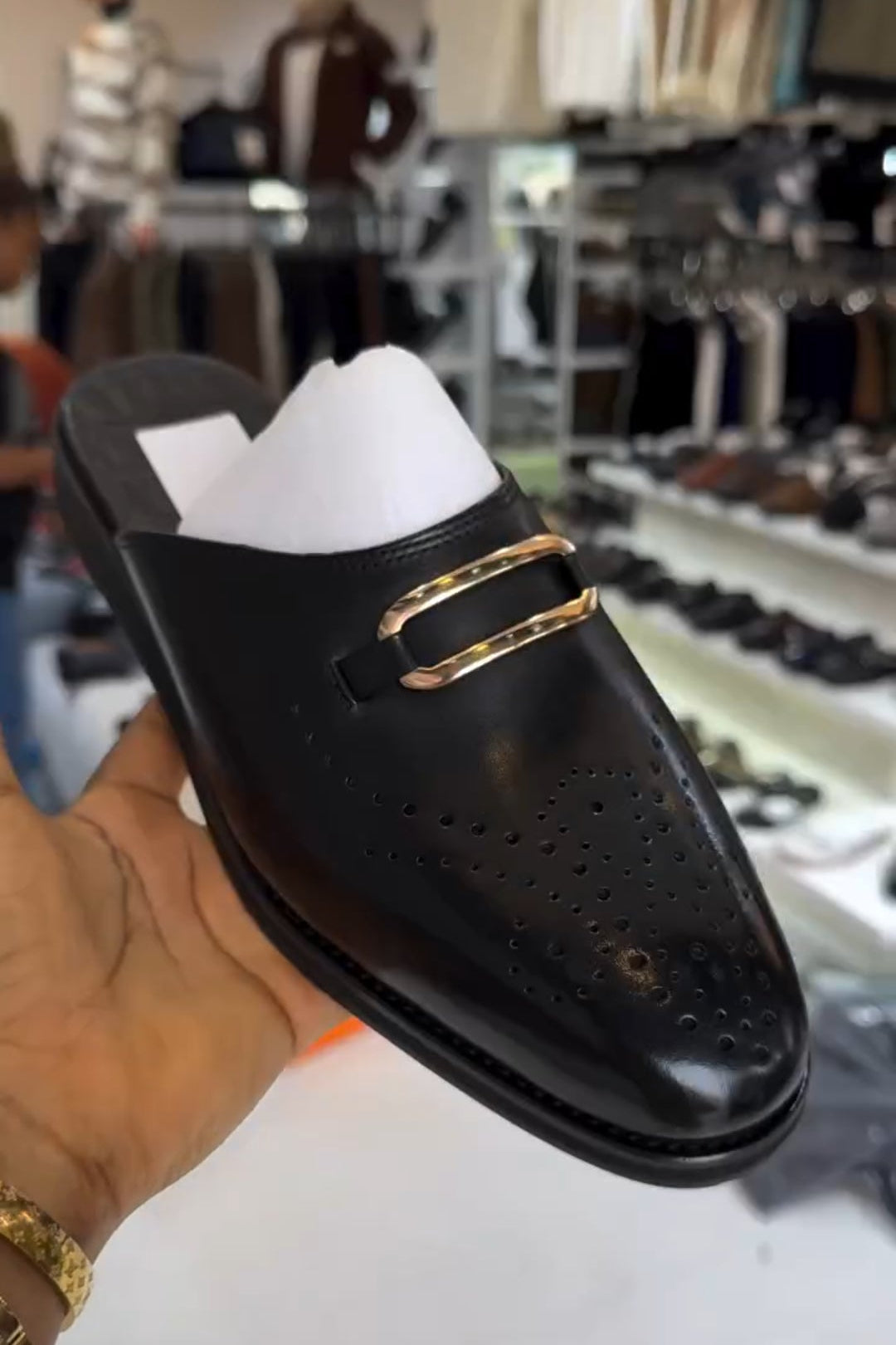 Men's Black Calfskin Perforated Half Slippers