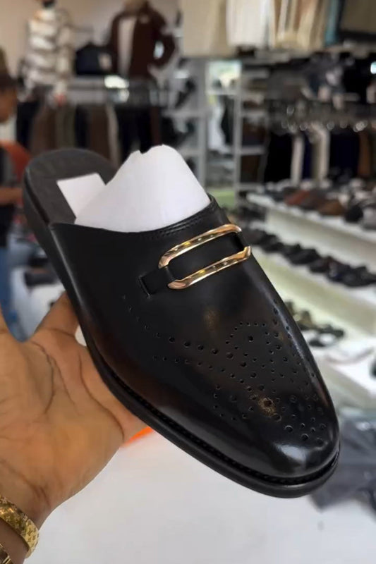 Men's Black Calfskin Perforated Half Slippers