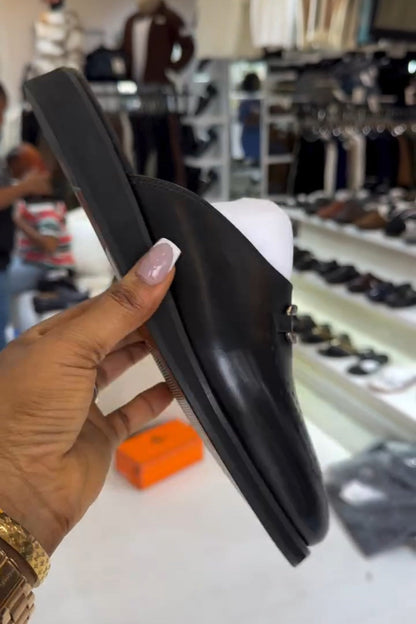 Men's Black Calfskin Perforated Half Slippers