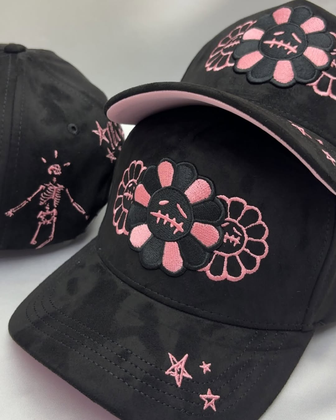 Street Style Embroidered Cap – Sad Flower & Skeleton Design