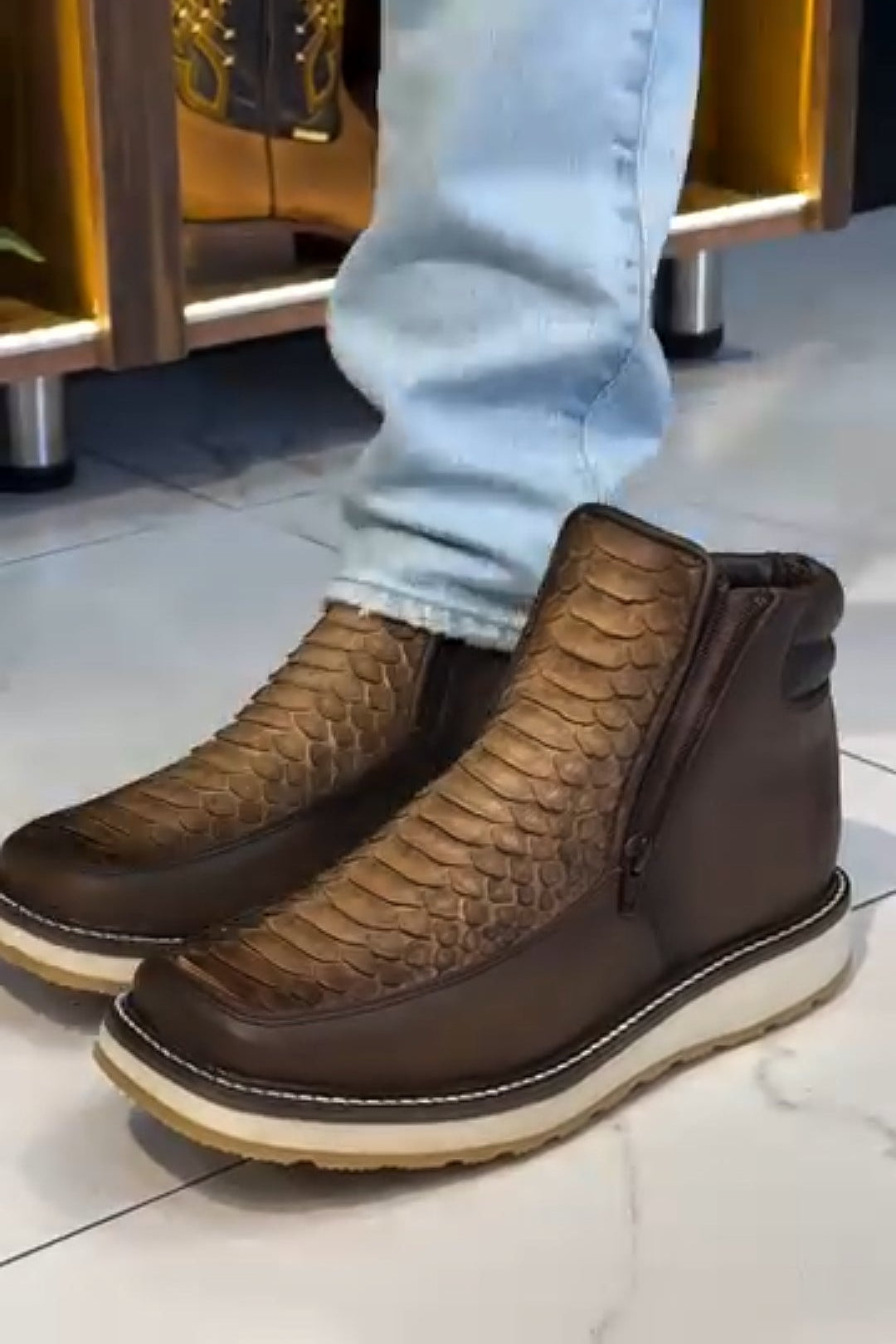 Ares Scale-Pattern Leather Zip Boots – Rustic Brown Power