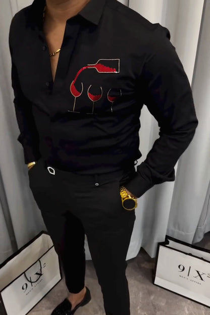 Red Wine Sequin Embroidered Party Shirt