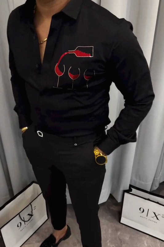 Red Wine Sequin Embroidered Party Shirt