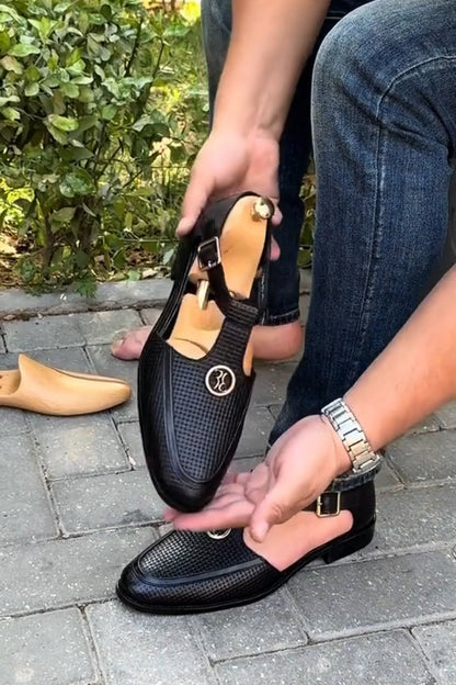 Men’s Black T-Strap Cut-Out Design Leather Loafers