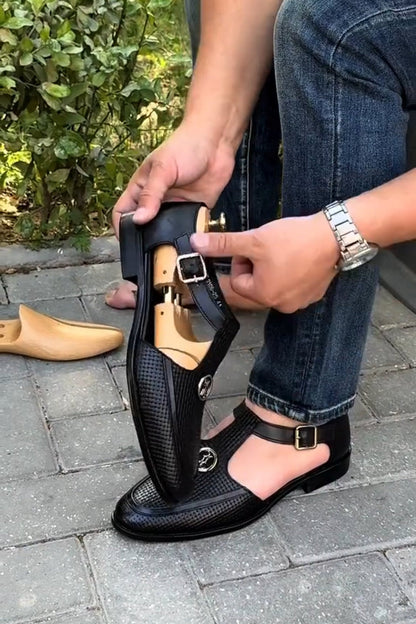 Men’s Black T-Strap Cut-Out Design Leather Loafers