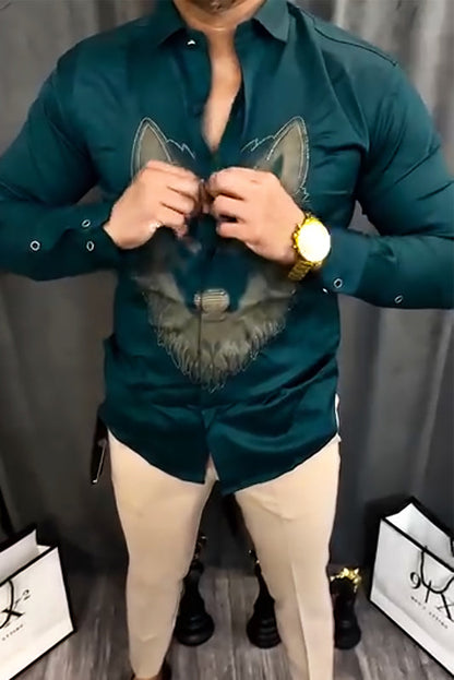Dark Green Wolf Embroidered Slim Fit Shirt – Bold, Wild, Refined