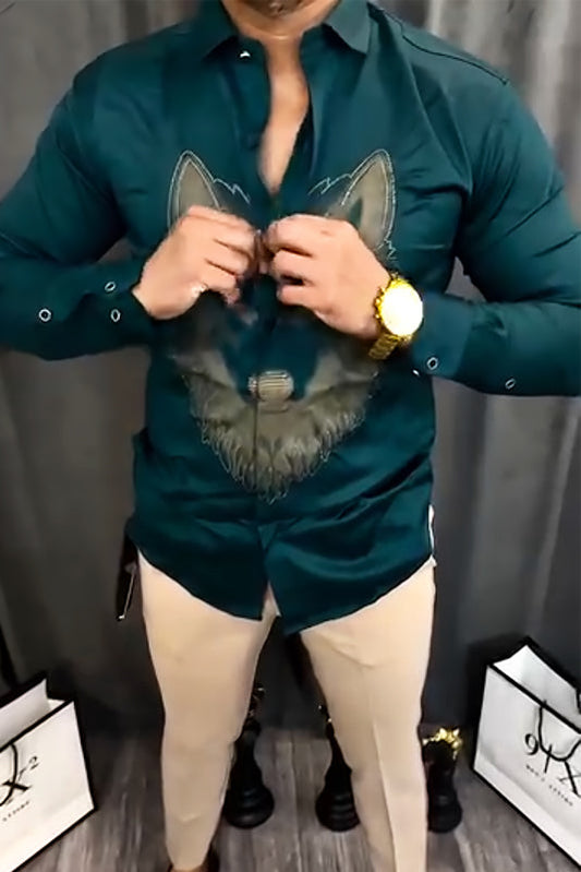 Dark Green Wolf Embroidered Slim Fit Shirt – Bold, Wild, Refined