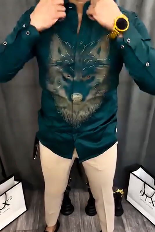 Dark Green Wolf Embroidered Slim Fit Shirt – Bold, Wild, Refined