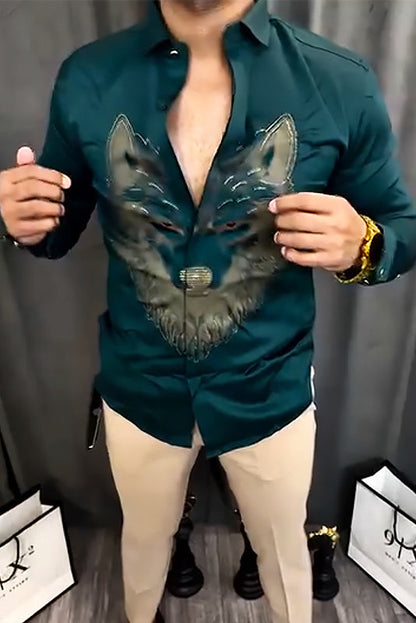 Dark Green Wolf Embroidered Slim Fit Shirt – Bold, Wild, Refined