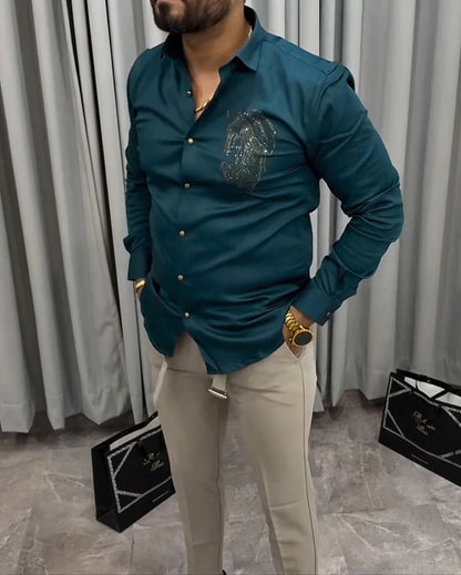 Sequined Horse Head Print Classic Shirt