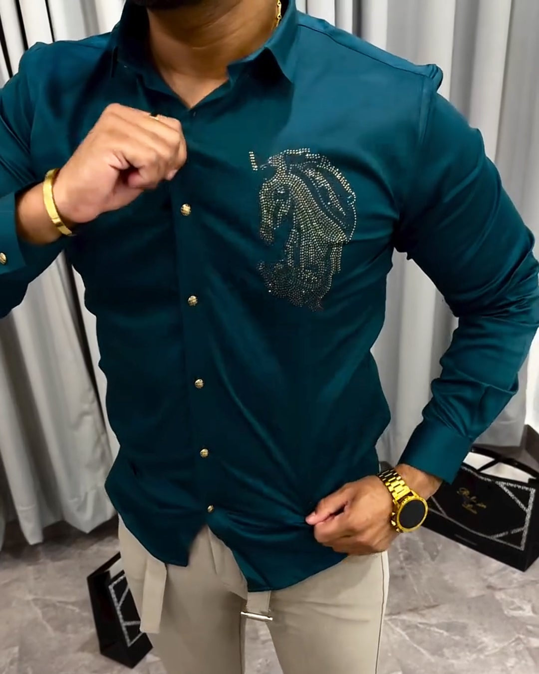 Sequined Horse Head Print Classic Shirt