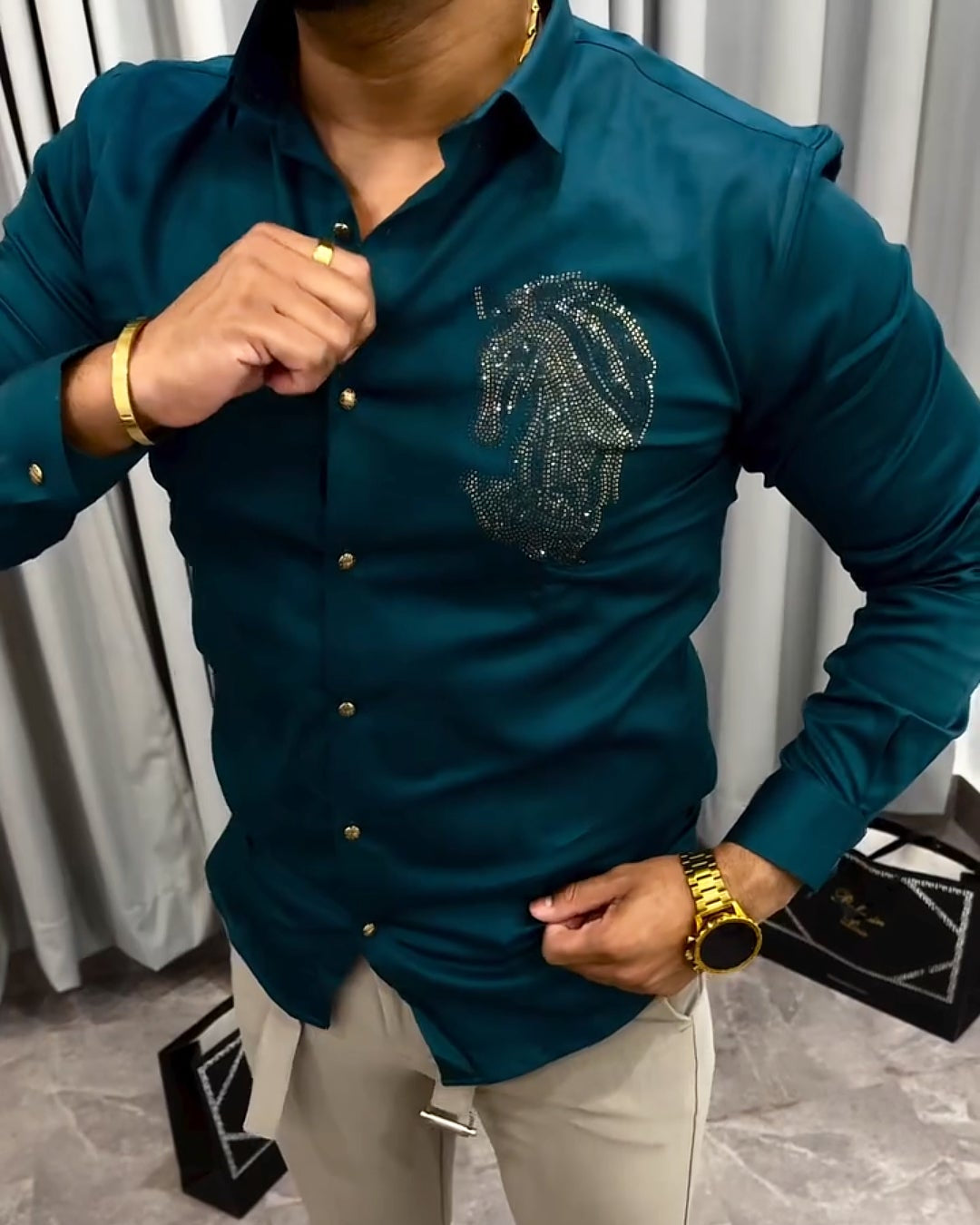 Sequined Horse Head Print Classic Shirt