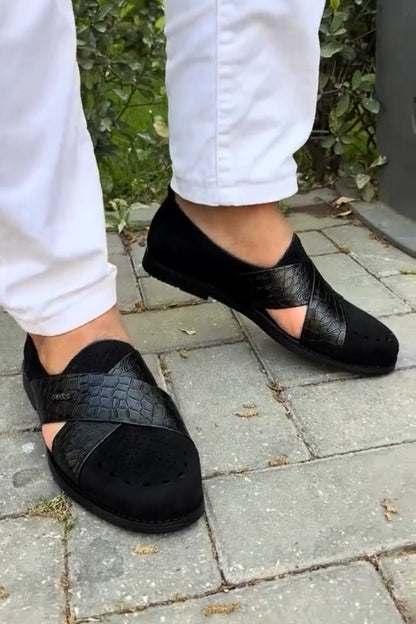 Cross Straps Suede Stitching Slip-on Loafers