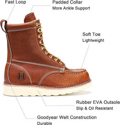 Men's 6" / 8" Slip Resiatant Soft Toe Water Resistant Leather Work Boots