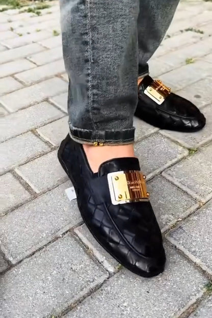 Luxury Quilted Leather Loafers with Gold Metal Plate