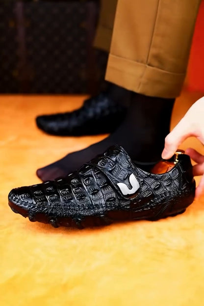 Luxury Black Crocodile Pattern Leather Loafers with Metal Buckle