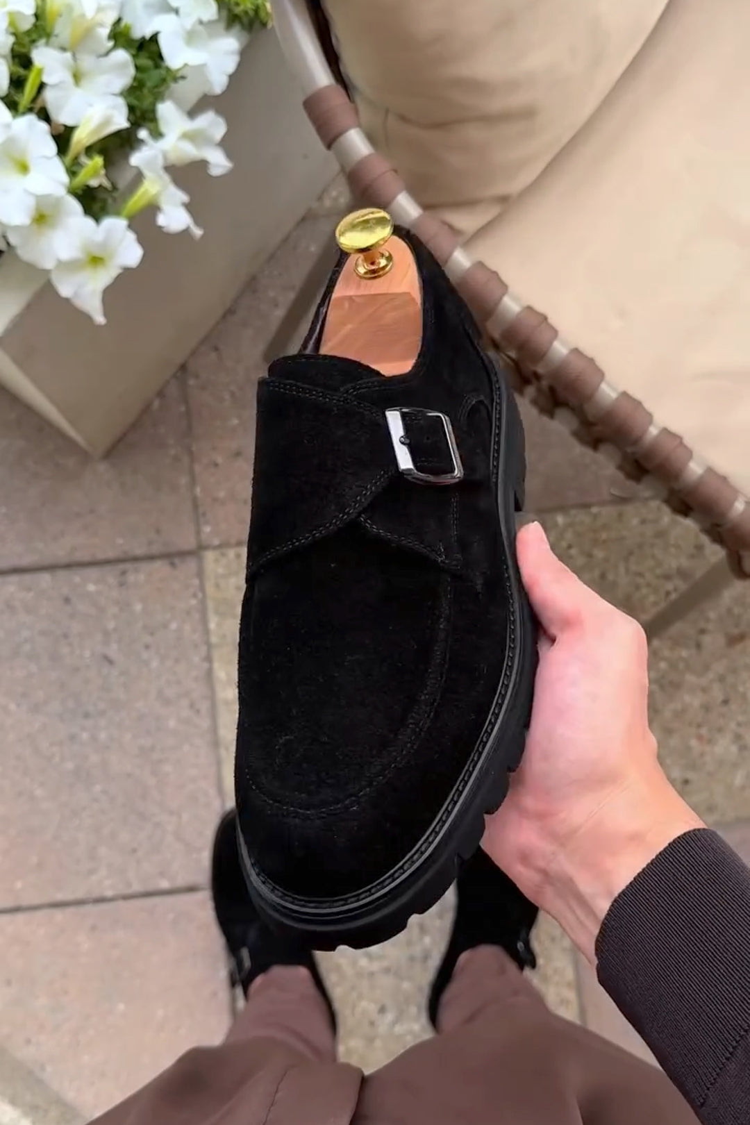 Men’s Black Suede Single Monk Strap Shoes with Chunky Sole