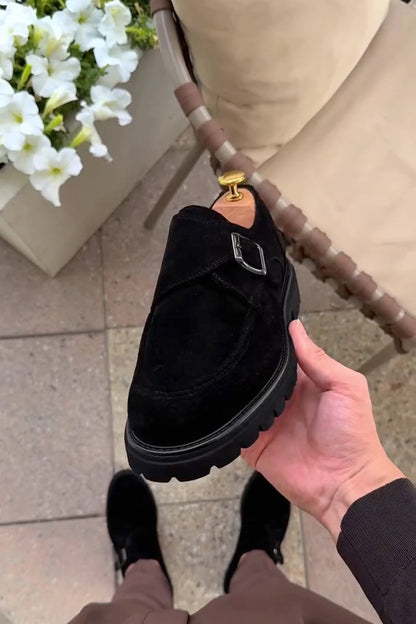 Men’s Black Suede Single Monk Strap Shoes with Chunky Sole