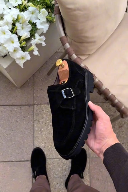 Men’s Black Suede Single Monk Strap Shoes with Chunky Sole