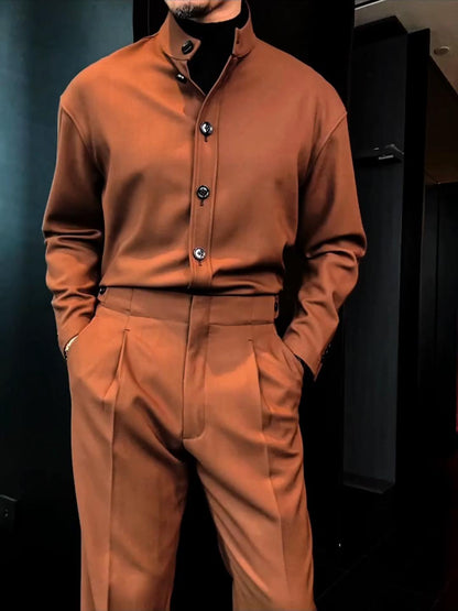 Men's Classic Solid Color Shirt and Trousers Set