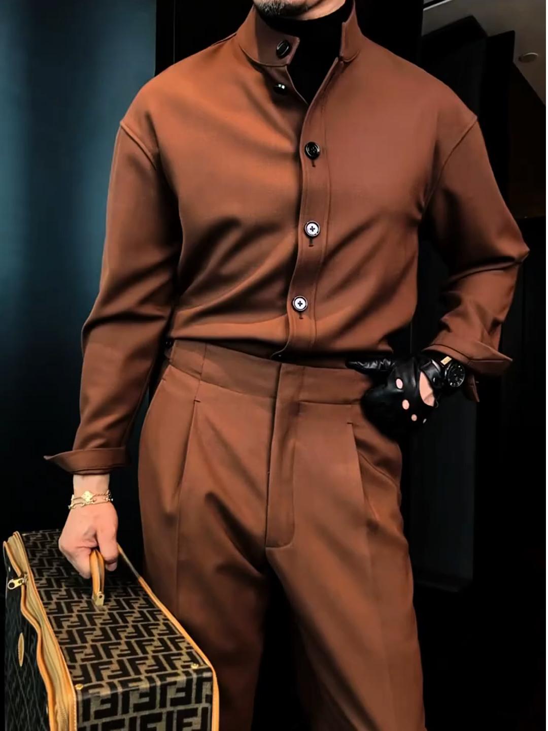 Men's Classic Solid Color Shirt and Trousers Set