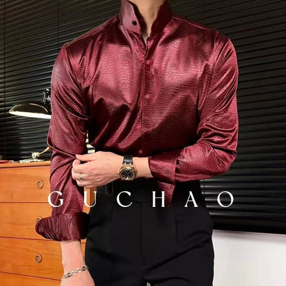 Men’s Satin Stand Collar Long Sleeve Shirt