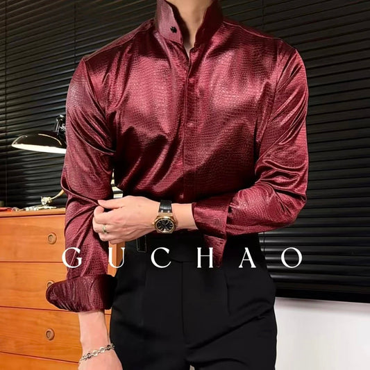 Men’s Satin Stand Collar Long Sleeve Shirt