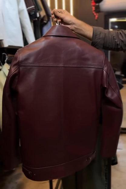 Wine Red Double Pocket PU Leather Jacket