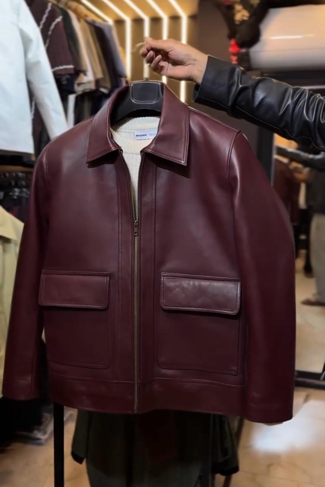 Wine Red Double Pocket PU Leather Jacket