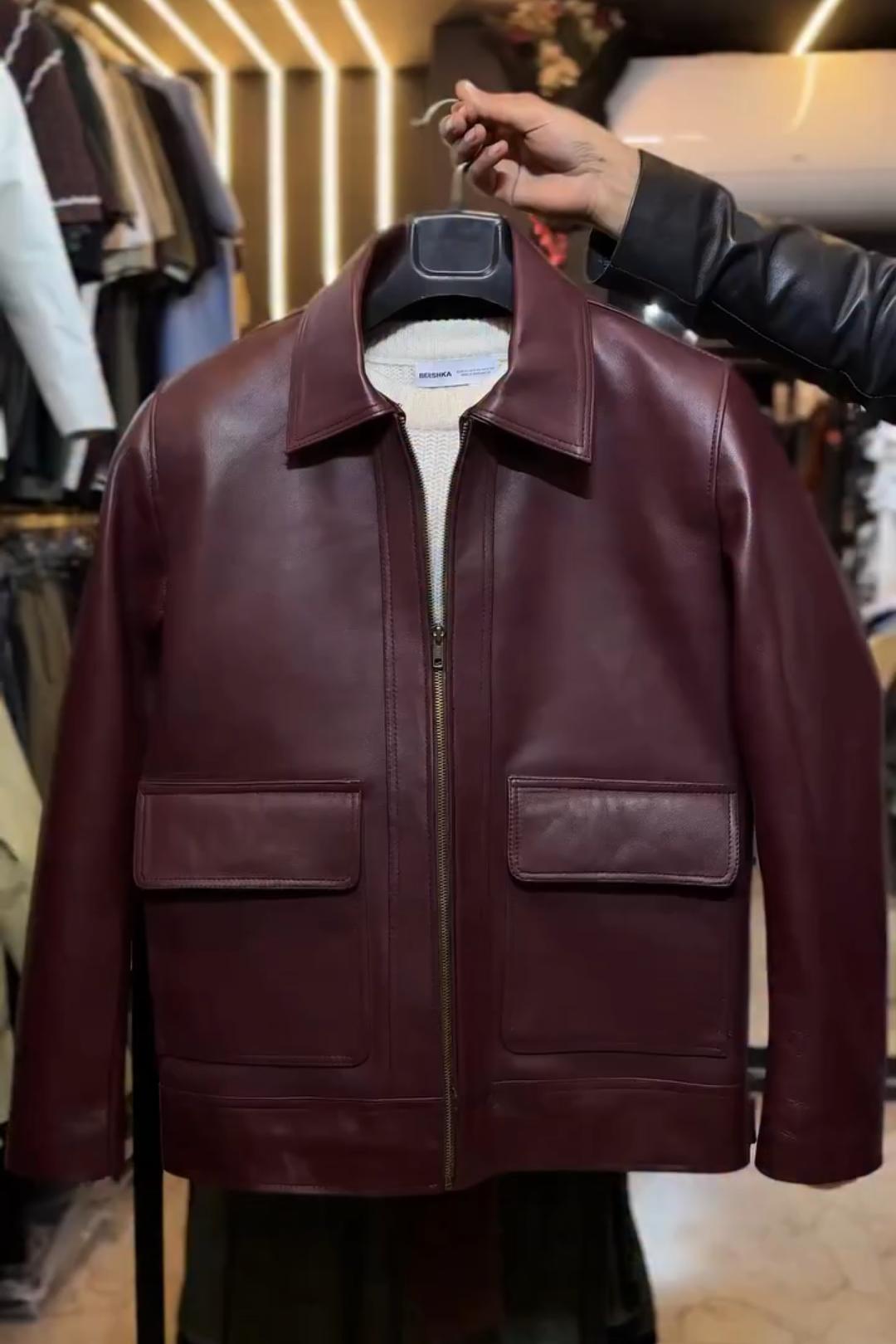 Wine Red Double Pocket PU Leather Jacket