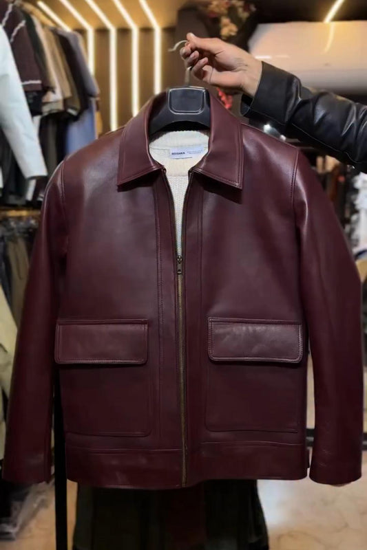 Wine Red Double Pocket PU Leather Jacket