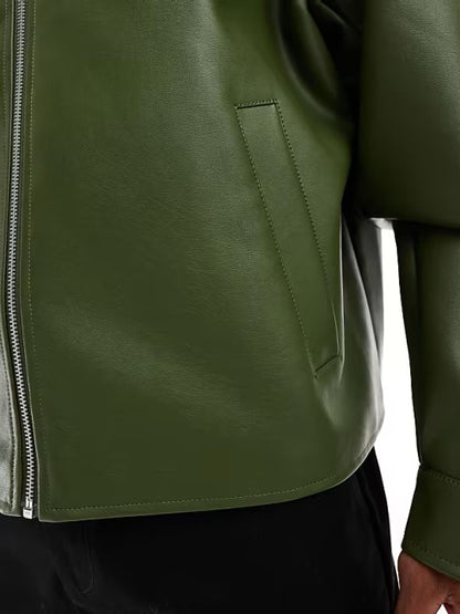 Boxy Oversized Faux Leather Harrington Jacket In Green