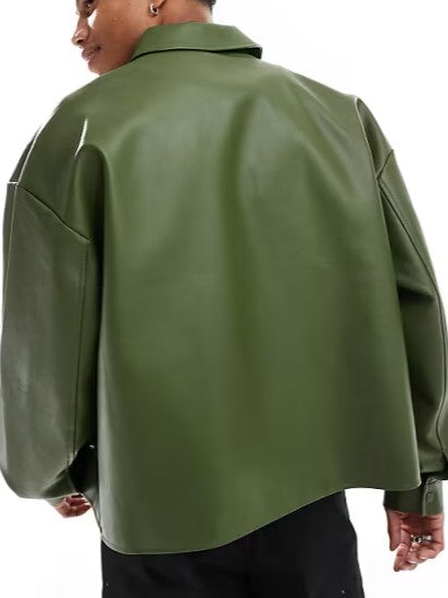 Boxy Oversized Faux Leather Harrington Jacket In Green