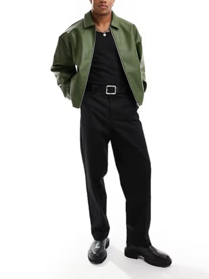 Boxy Oversized Faux Leather Harrington Jacket In Green