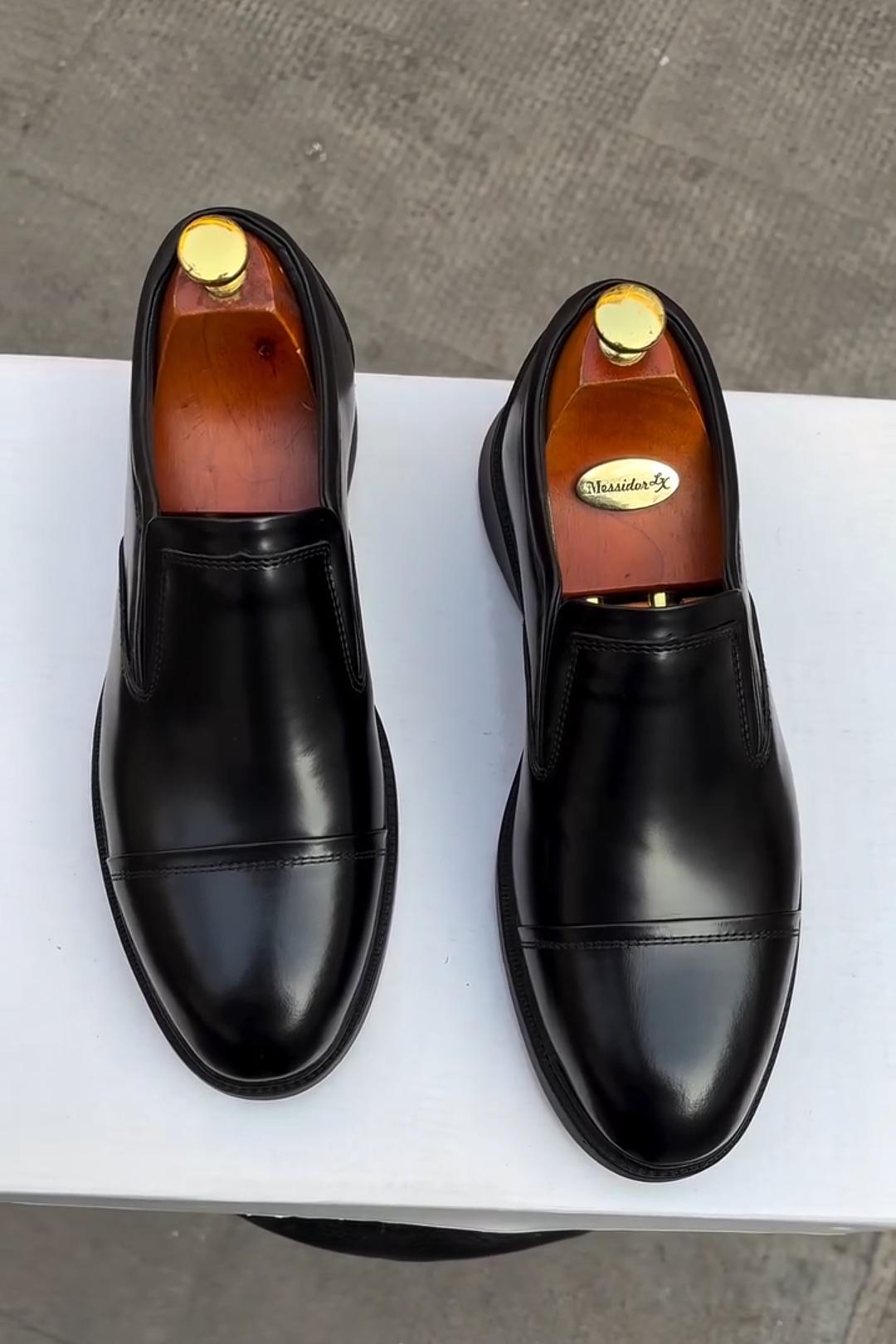 Glossy Black Slip-On Leather Loafers
